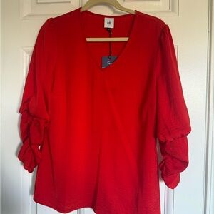 CAbi Red V-Neck Blouse with Ruched Sleeves